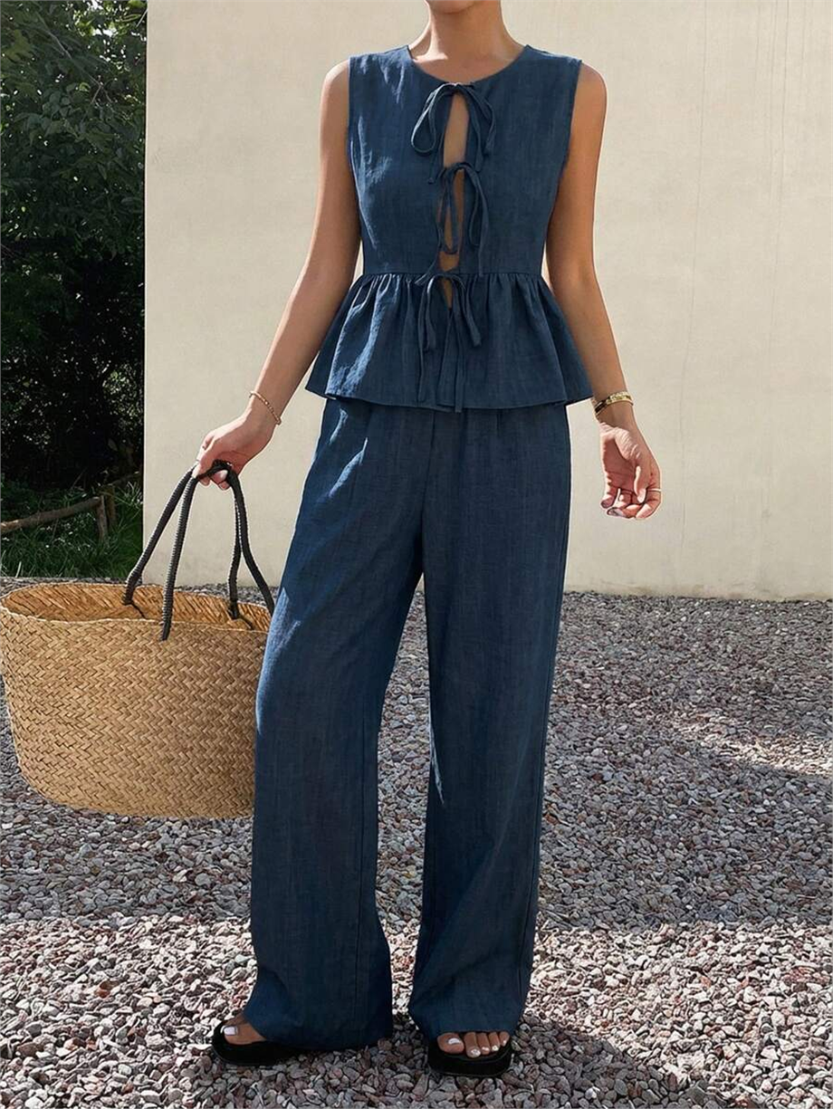 Kadın Dökümlü Peplum Bluz ve Pantolon Takımı - Lacivert