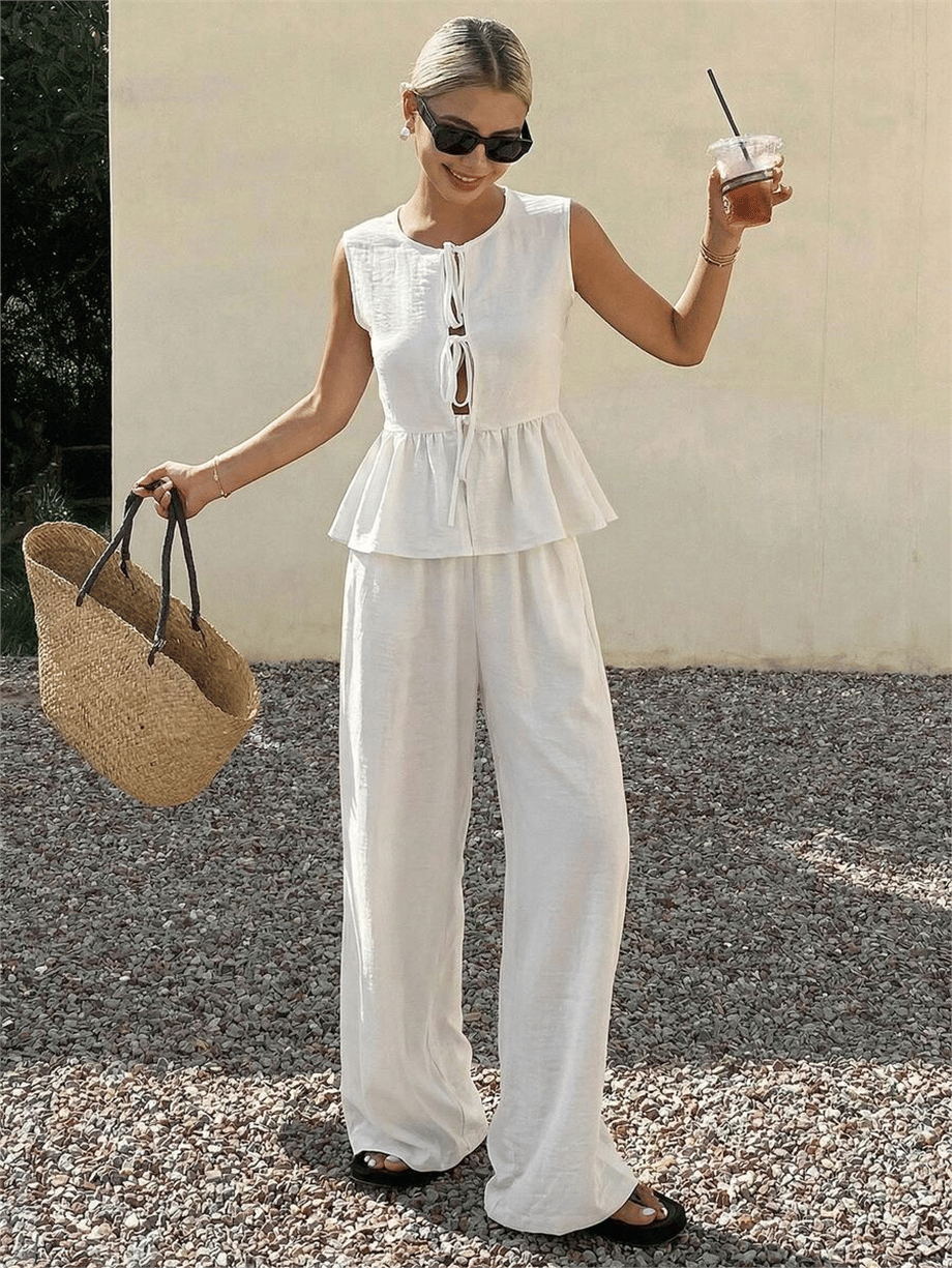 Kadın Dökümlü Peplum Bluz ve Pantolon Takımı - Beyaz · 5
