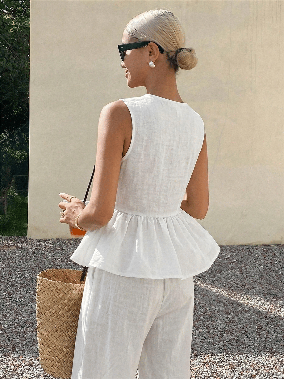 Kadın Dökümlü Peplum Bluz ve Pantolon Takımı - Beyaz · 7