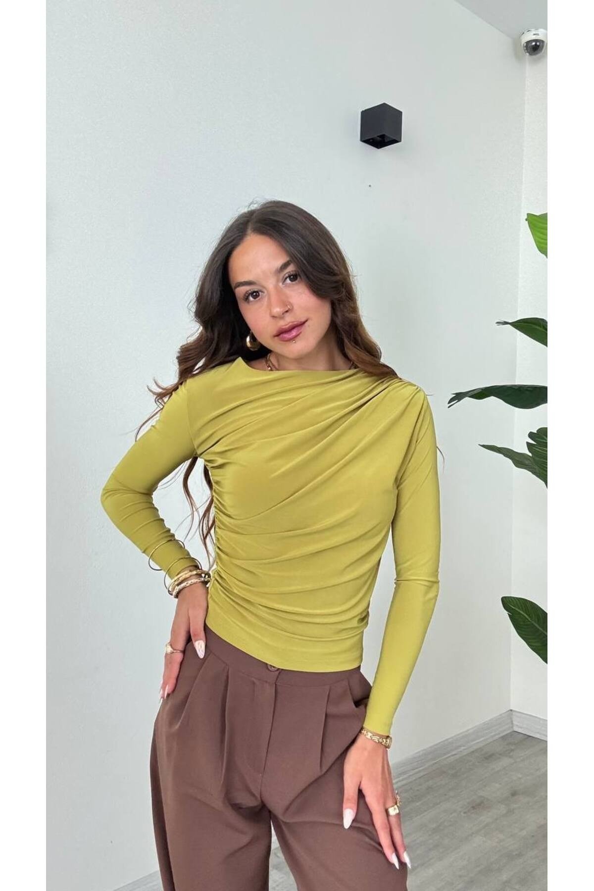 Kadın Drapeli Uzun Kollu Bluz HYN-58079 - YEŞİL