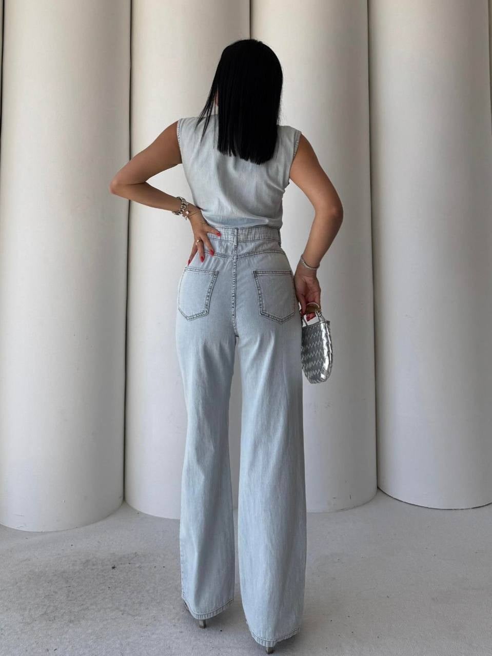 Kadın Düğmeli Denim Tulum - Açık Mavi