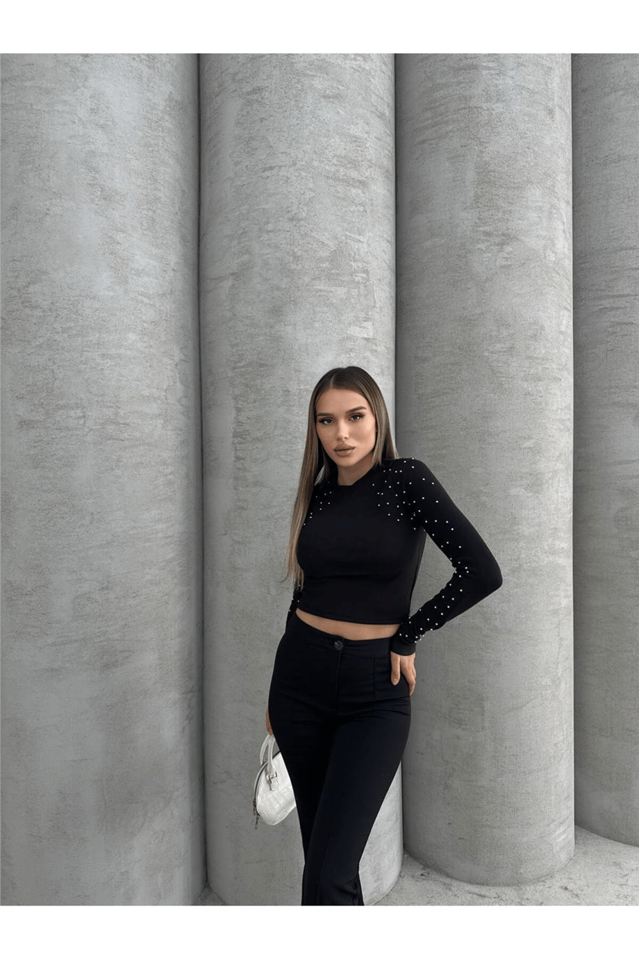 KADIN DÜŞÜK OMUZ CROP BLUZ HYN-58005 - SİYAH