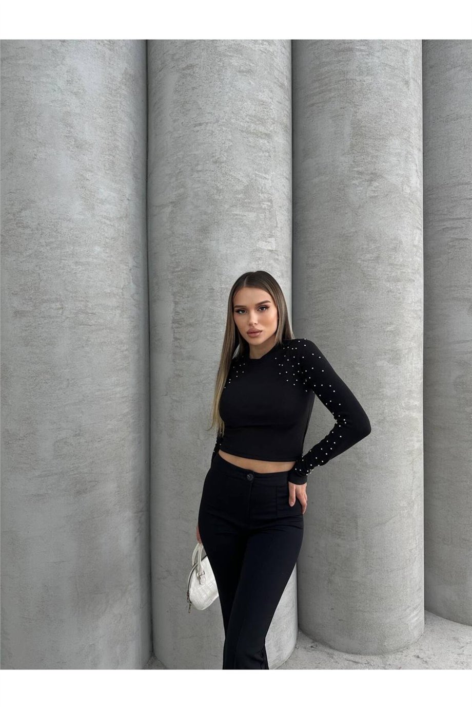 KADIN DÜŞÜK OMUZ CROP BLUZ HYN-58005 - SİYAH