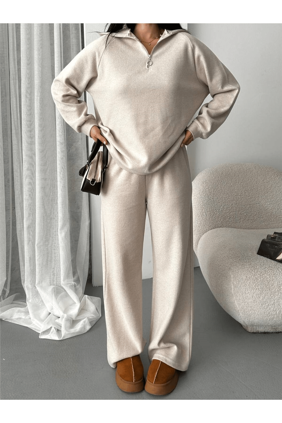 Kadın Fermuarlı Oversize Eşofman Takımı HYN-58084 - BEJ