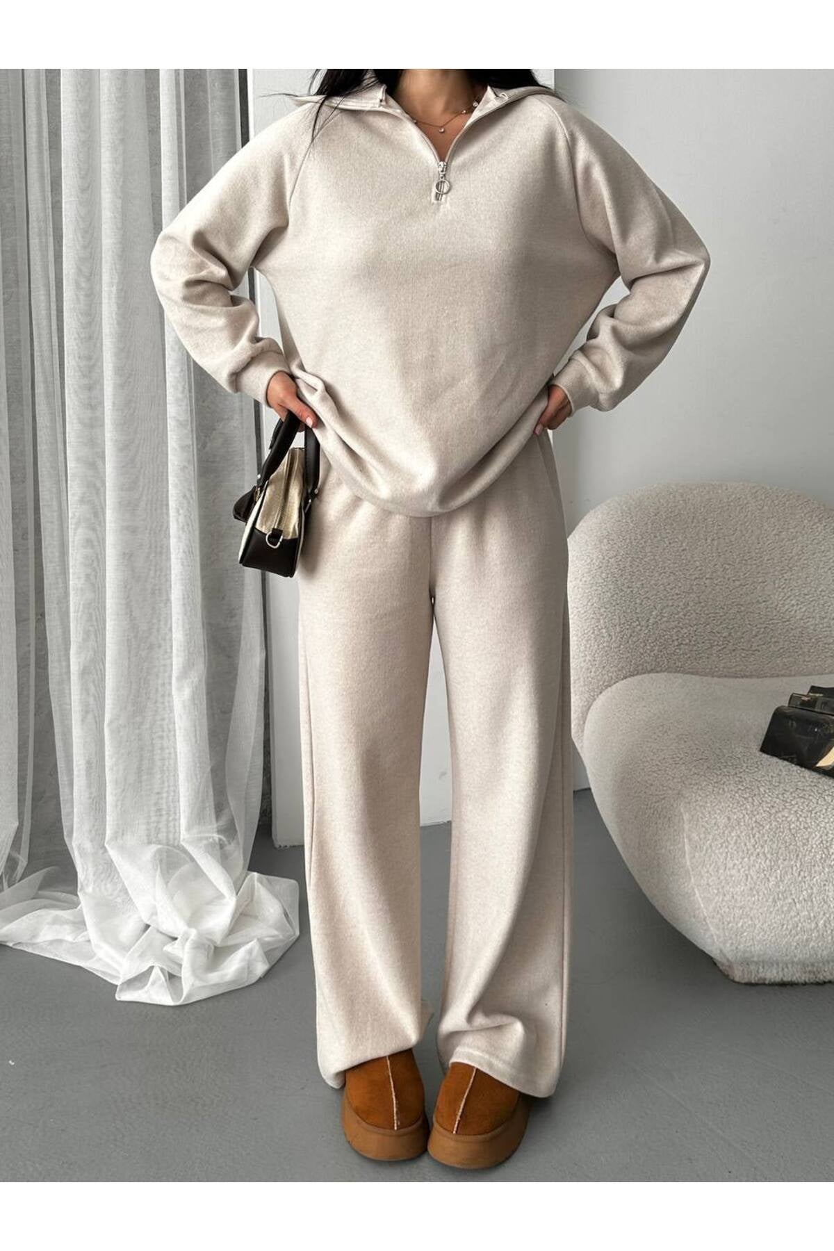 Kadın Fermuarlı Oversize Eşofman Takımı HYN-58084 - BEJ