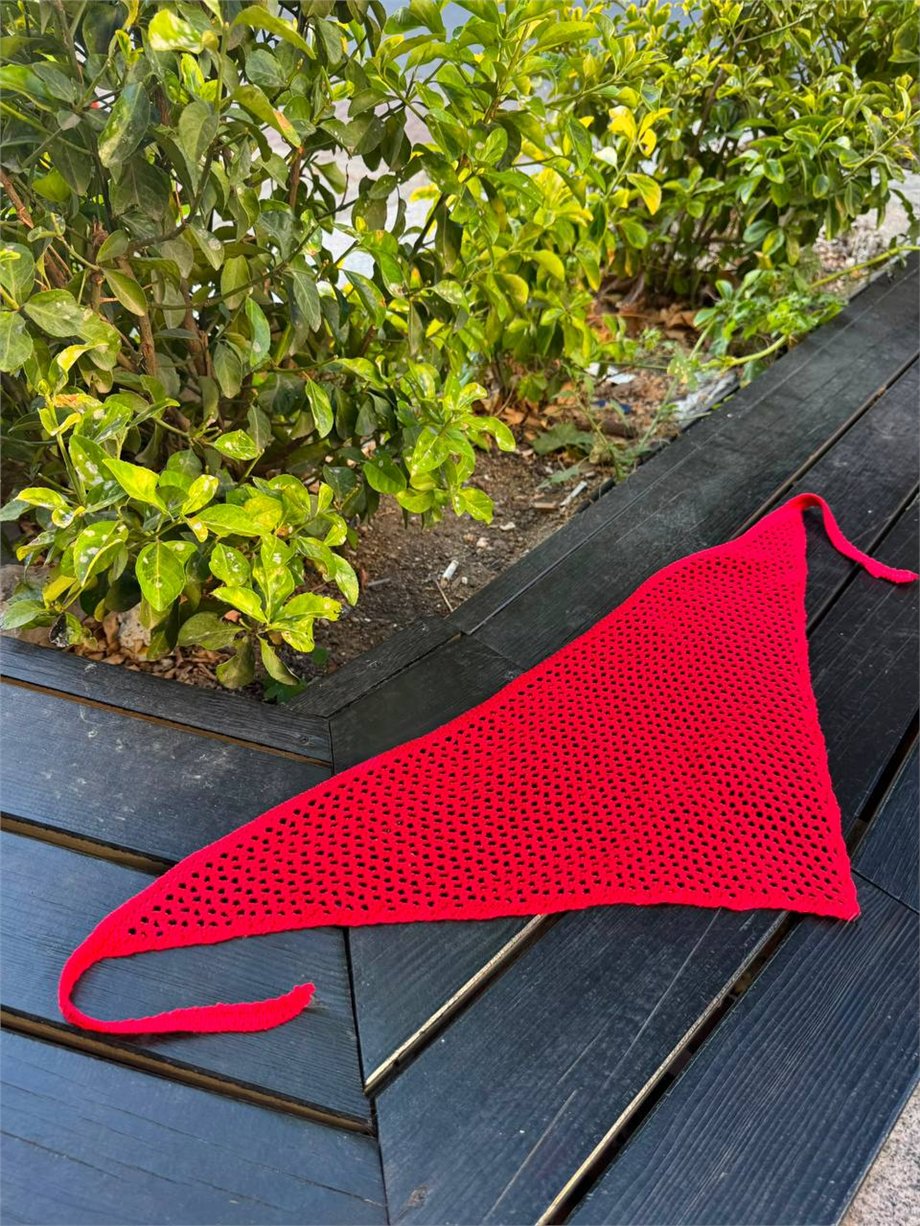 Kadın File Örgü Bohem Bandana - Kırmızı