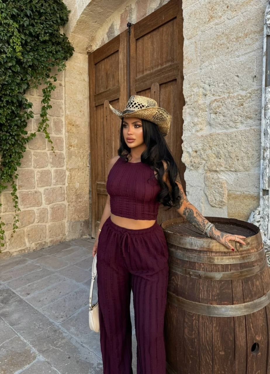 Kadın Fitilli Triko Crop İkili Takım - Bordo