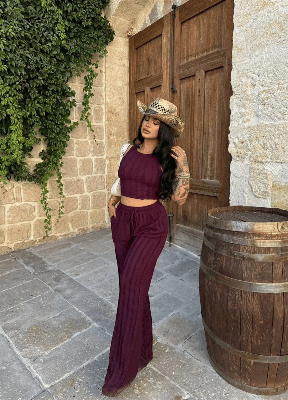 Kadın Fitilli Triko Crop İkili Takım - Bordo · 2