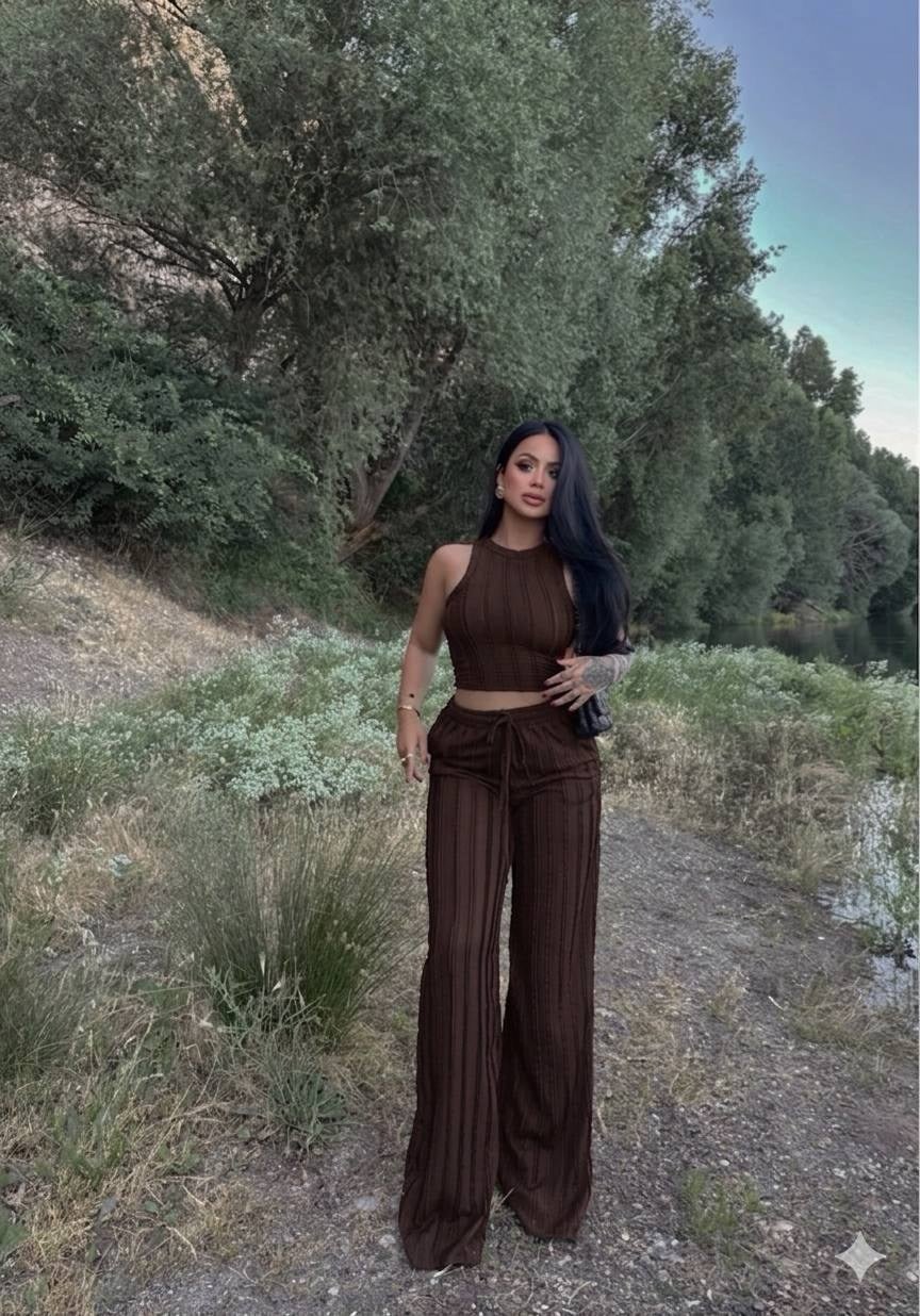 Kadın Fitilli Triko Crop İkili Takım - Kahverengi