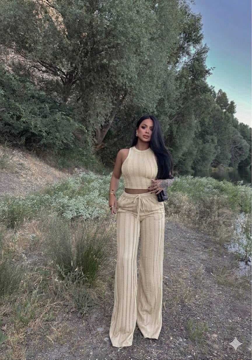 Kadın Fitilli Triko Crop İkili Takım - Krem