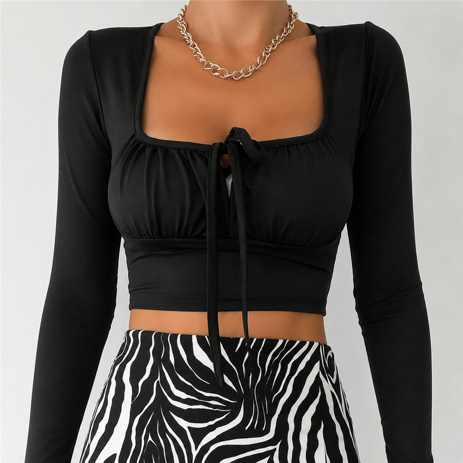 Kadın Göğüs Kısmı Bağcıklı Crop Bluz Zyn-58413 - Siyah