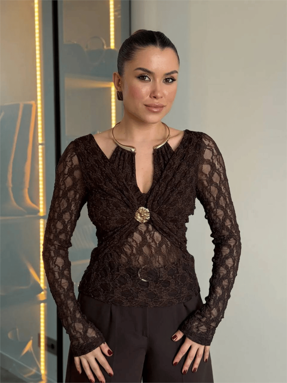 Kadın Gold Aksesuar Detaylı Dantel Bodysuit Bluz - Kahverengi