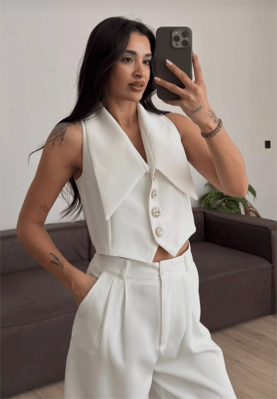 Kadın Gold Düğme Detaylı Yelek Pantolon Takım - Beyaz · 3