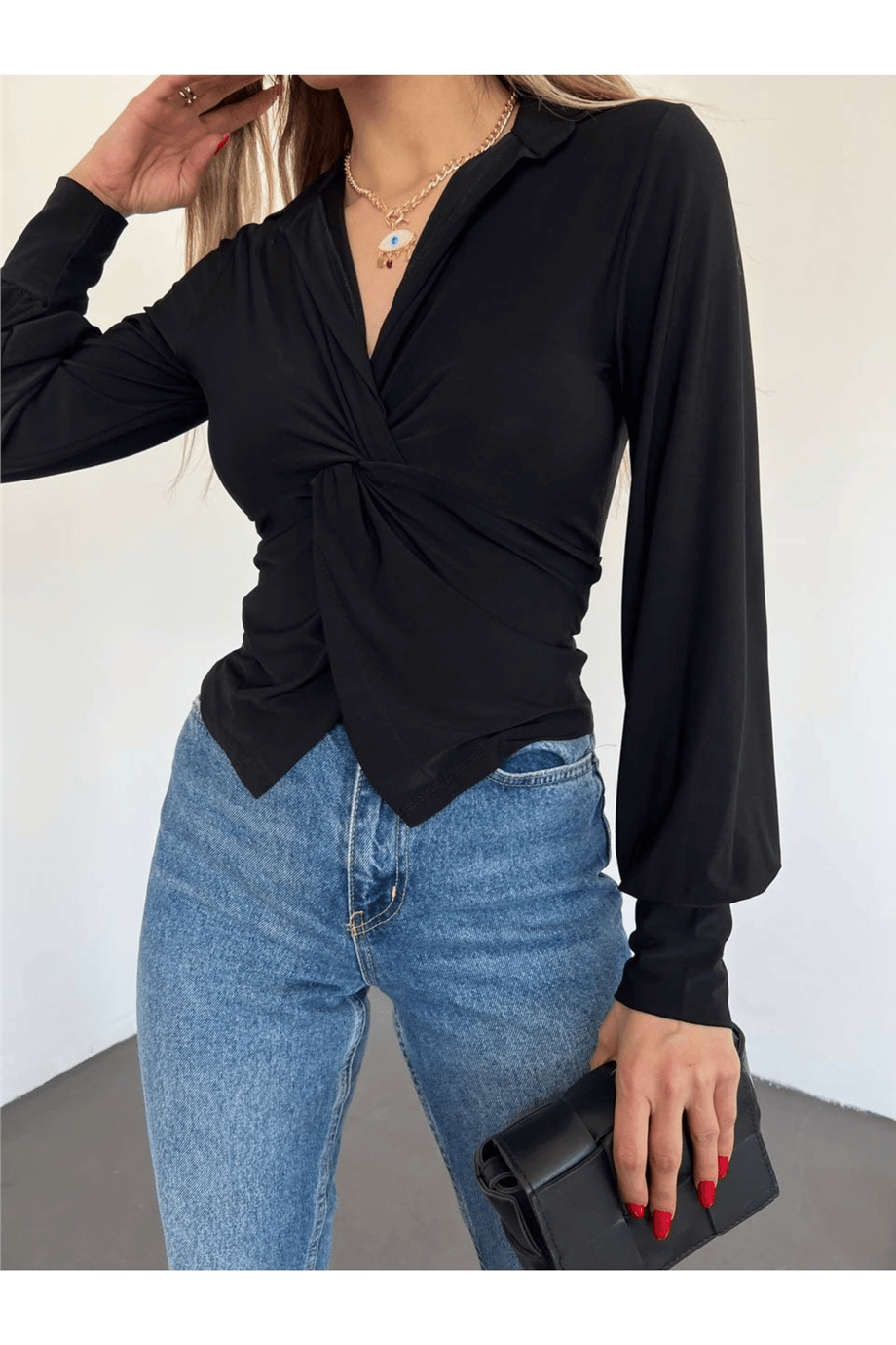 Kadın Gömlek Yaka Büzgü Detaylı Bluz Zyn-58408 - Siyah · 4