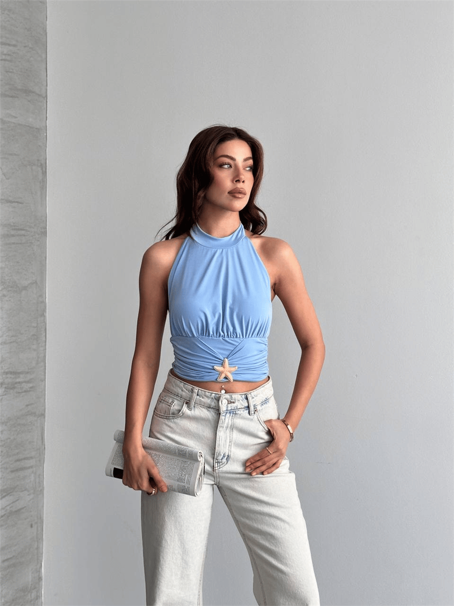 Kadın Halter Yaka Drapeli Bluz - Mavi · 3