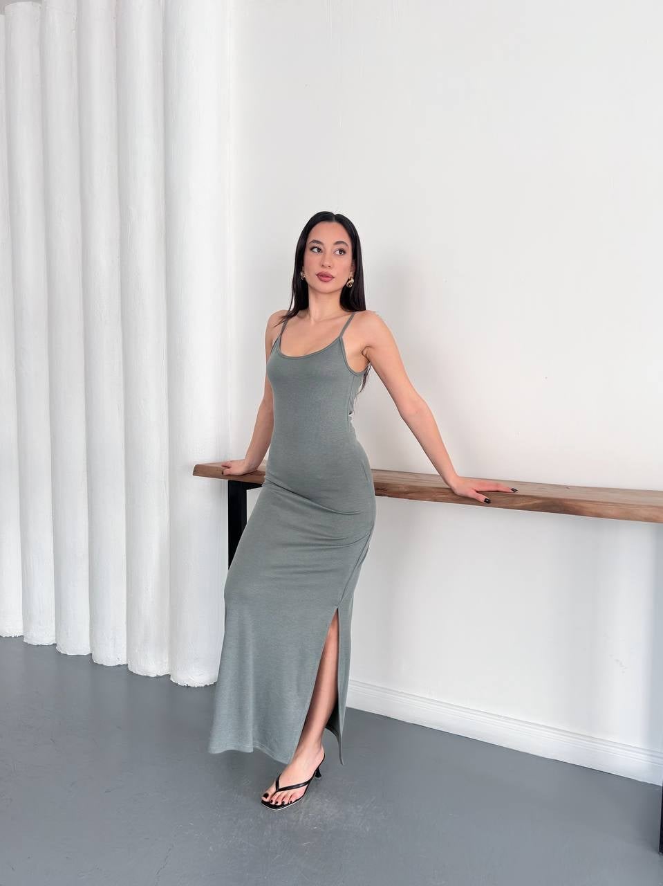 Kadın İp Askılı Yırtmaçlı Basic Maxi Elbise - Yeşil