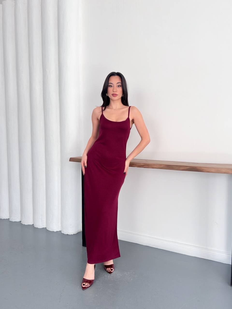 Kadın İp Askılı Yırtmaçlı Basic Maxi Elbise - Bordo