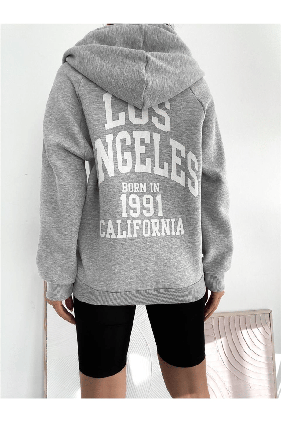 Kadın Kapüşonlu Fermuarlı Önü Ve Arkası Yazı Baskılı Oversize Sweatshirt - GRİ · 2