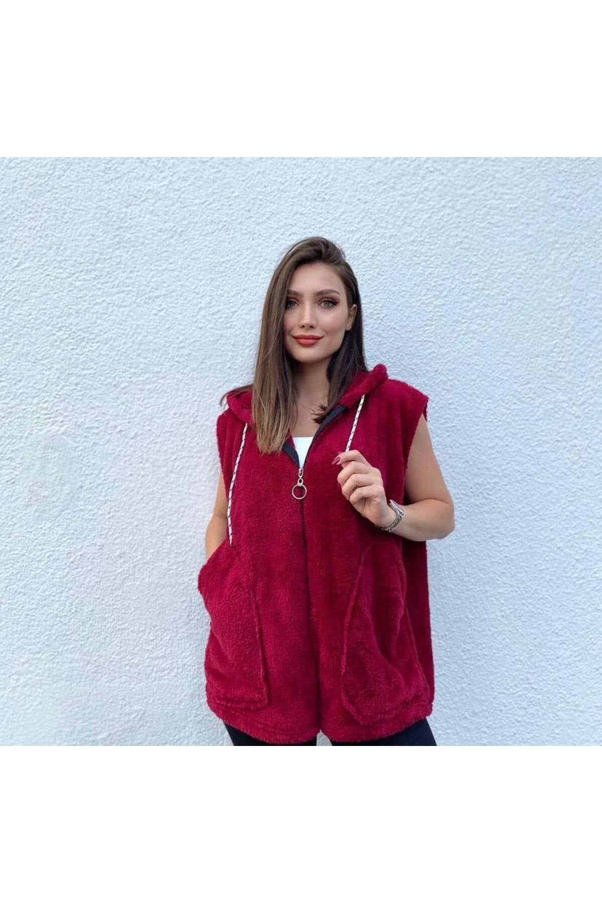 Kadın Kapüşonlu Fermuarlı Peluş Yelek ZYN-58816 - KIRIMIZI