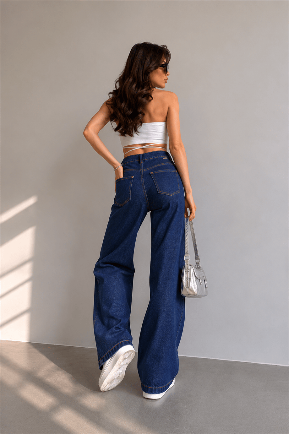 Kadın Kar Yıkamalı Yüksek Bel Plazzo Jeans ZYN-58729 - Koyu Indigo