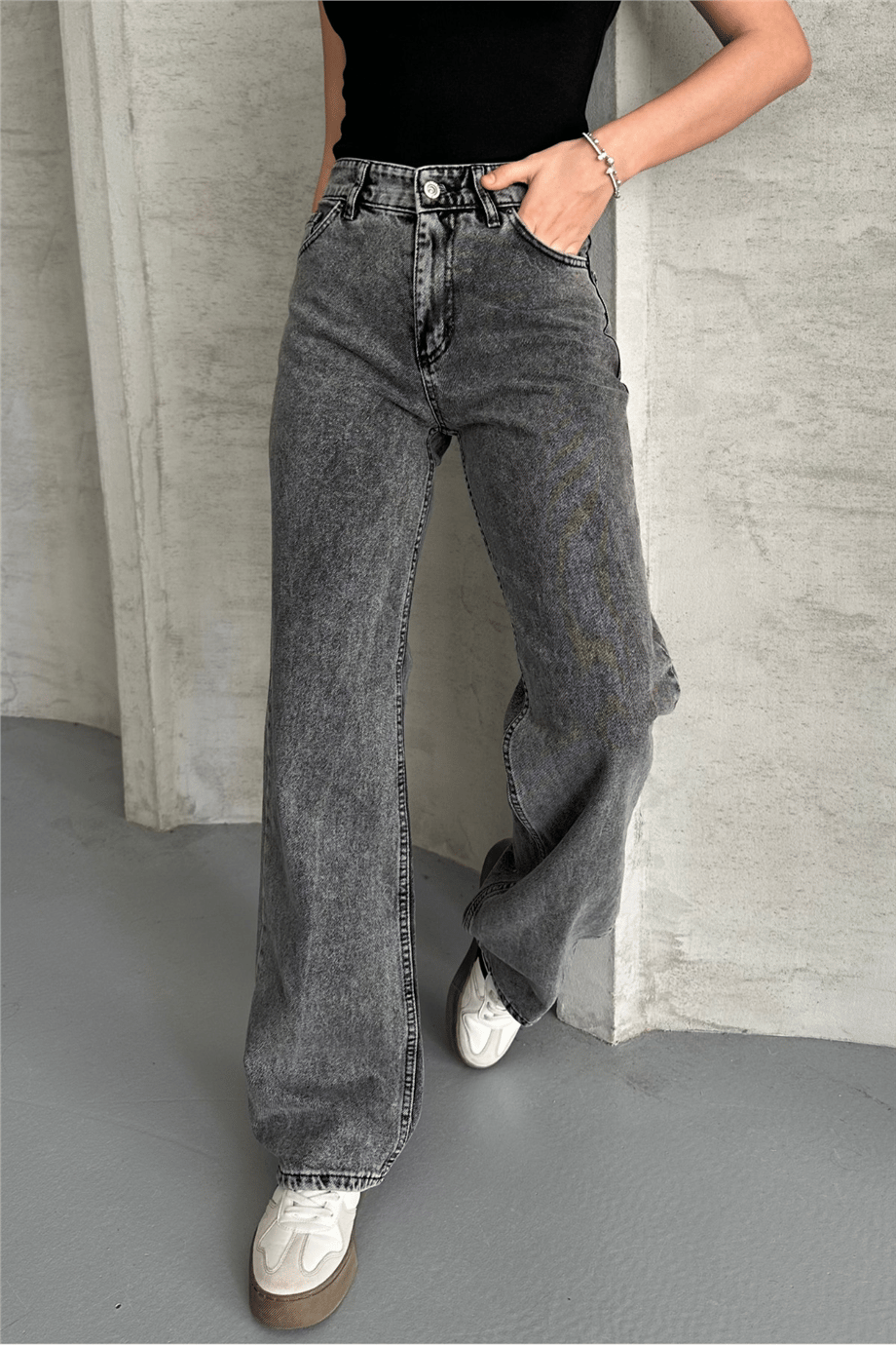 Kadın Kar Yıkamalı Yüksek Bel Plazzo Jeans ZYN-58729 - FÜME
