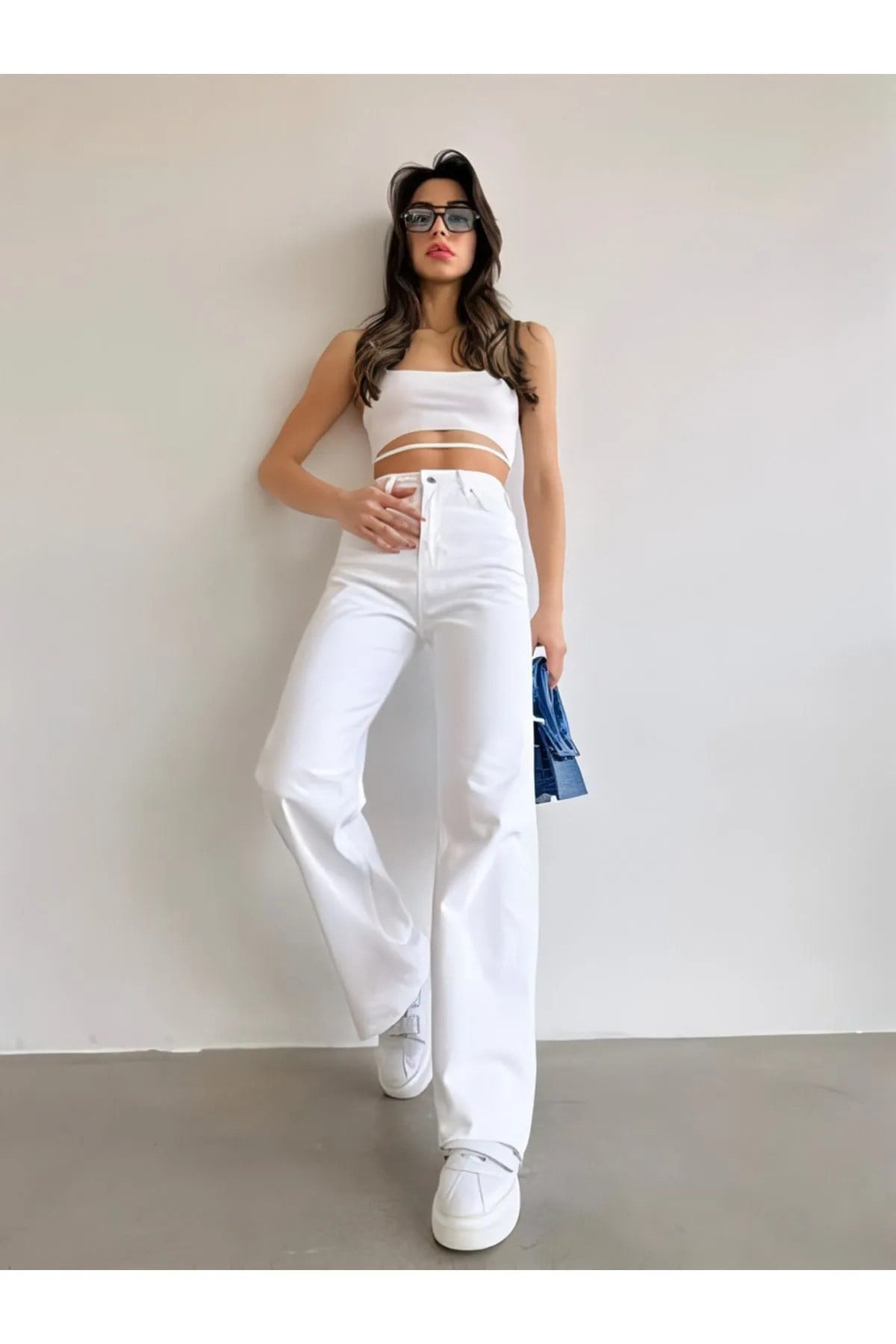 Kadın Kar Yıkamalı Yüksek Bel Plazzo Jeans ZYN-58729 - Beyaz