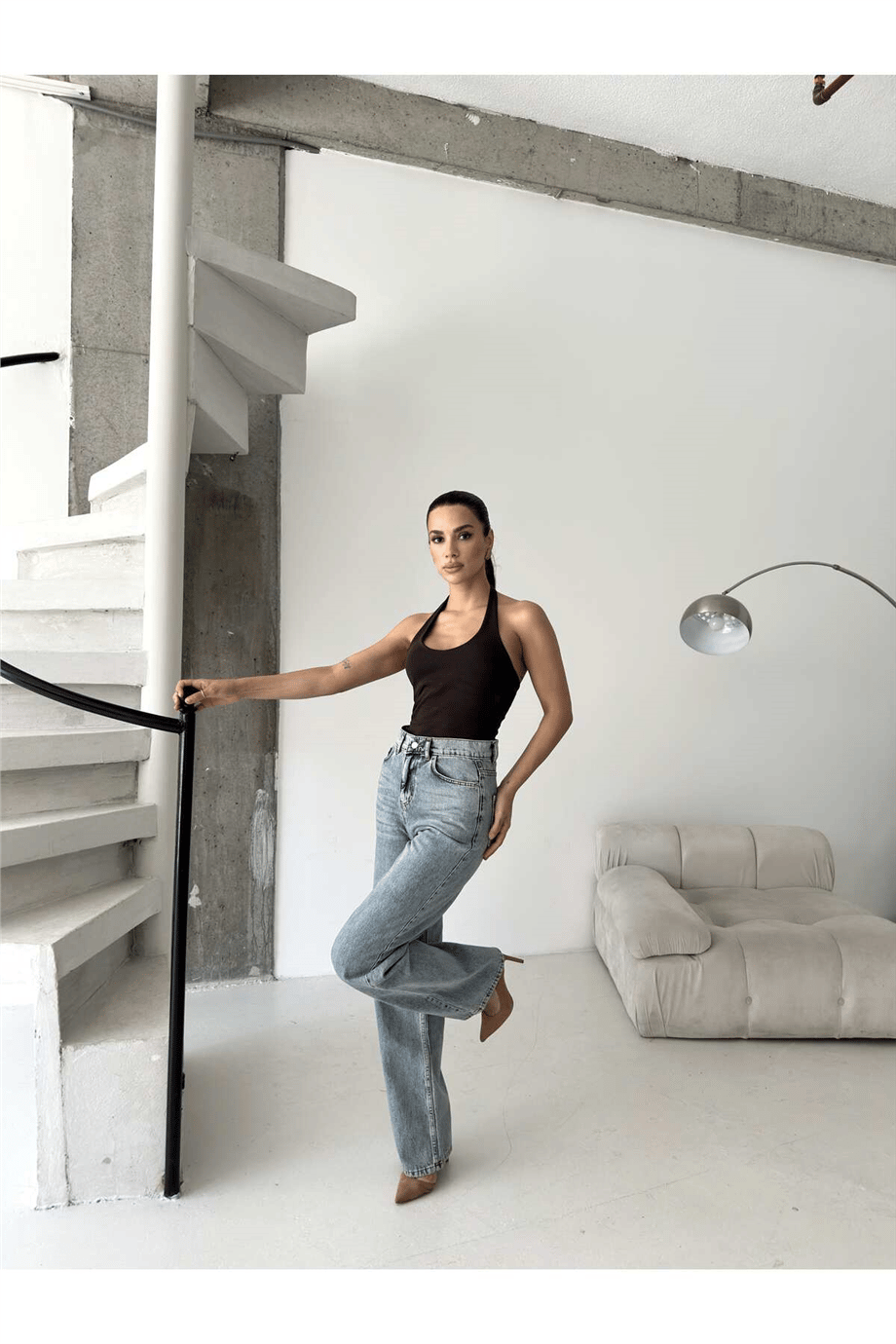 Kadın Kar Yıkamalı Yüksek Bel Plazzo Jeans ZYN-58729 - Mavi