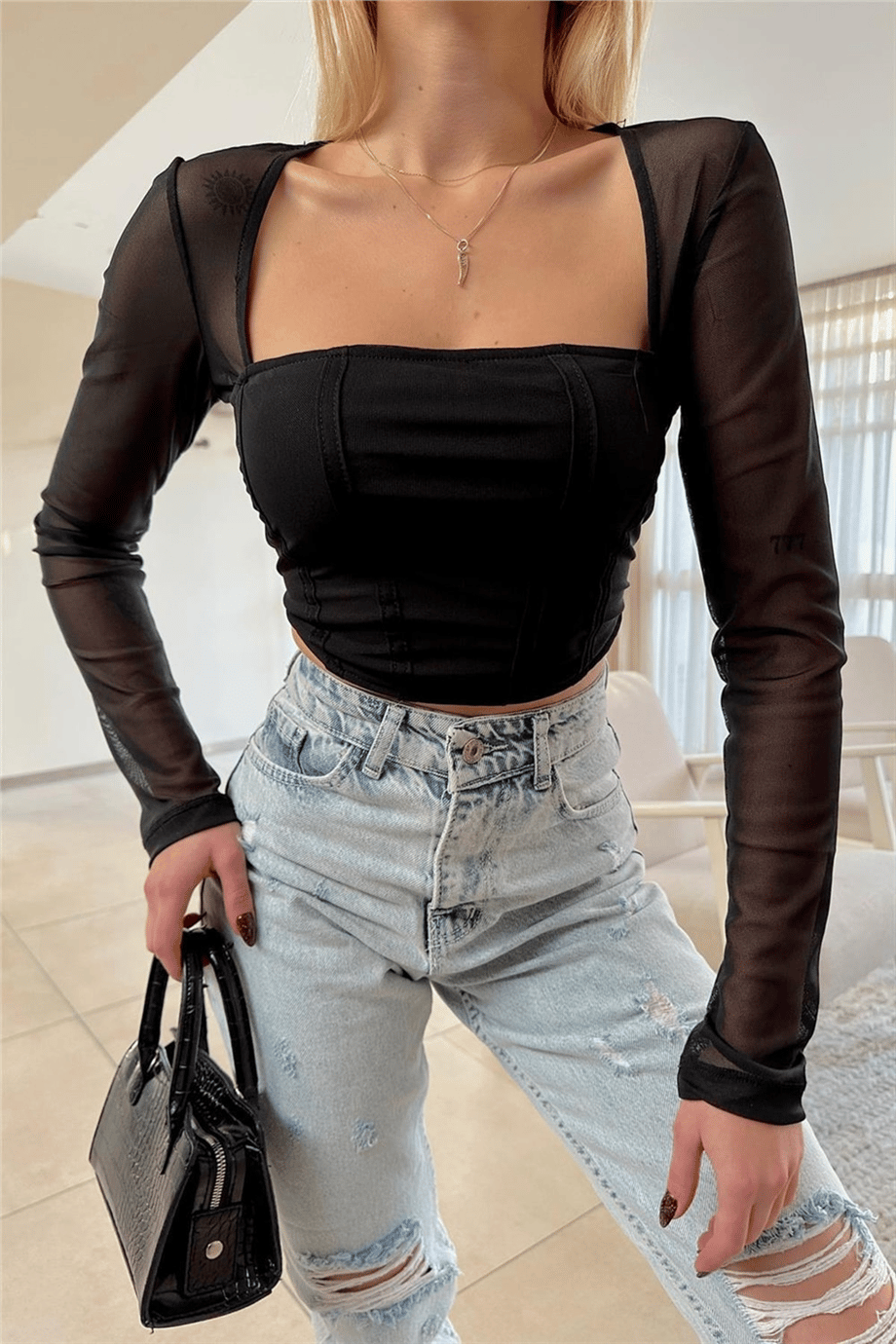 Kadın Kare Yaka Tül Kol Crop Bluz Zyn-58419 - Siyah · 3