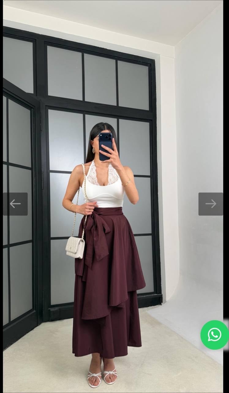 Kadın Kat Detaylı Kuşaklı Maxi Etek - Bordo