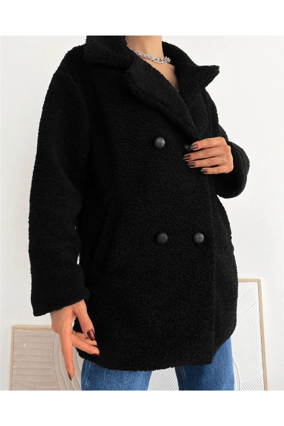 Kadın Kruvaze Peluş Kaban Astarlı Zyn-58366 - Siyah · 3