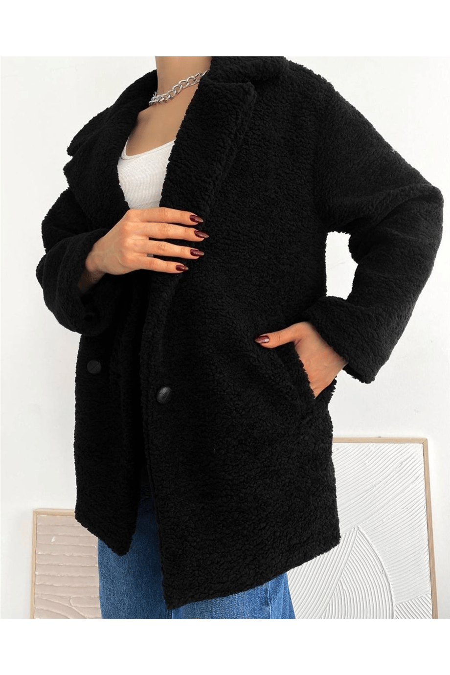 Kadın Kruvaze Peluş Kaban Astarlı Zyn-58366 - Siyah · 2