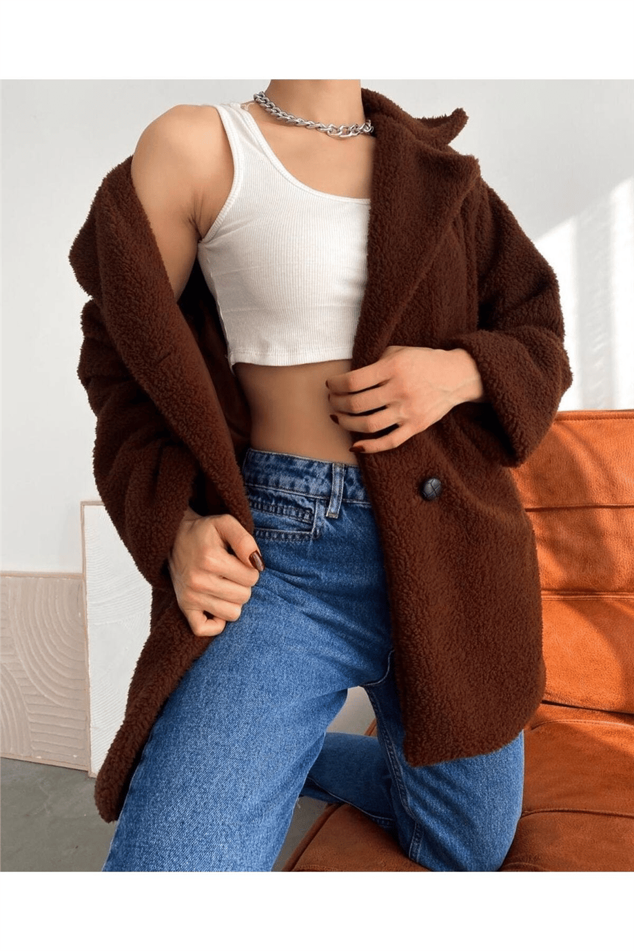 Kadın Kruvaze Peluş Kaban Astarlı Zyn-58366 - KAHVERENGİ · 2