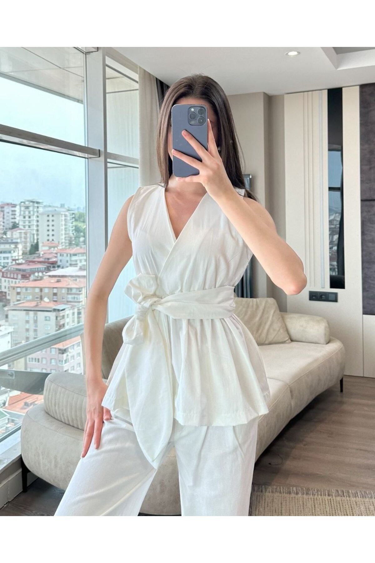 Kadın Kuşak Detaylı V Yaka Bluz - ZYN-58902 - BEYAZ