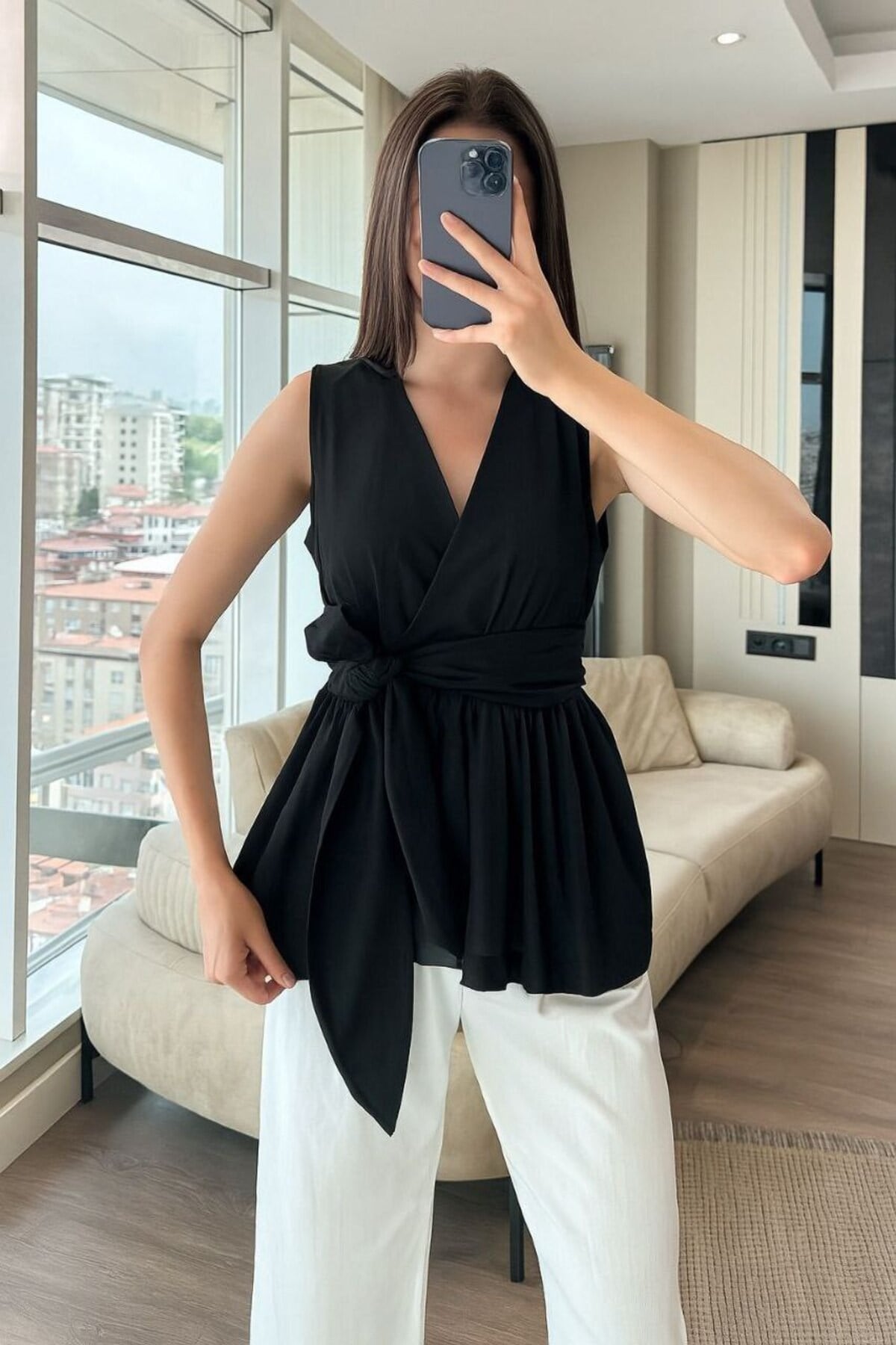 Kadın Kuşak Detaylı V Yaka Bluz - ZYN-58902 - SİYAH