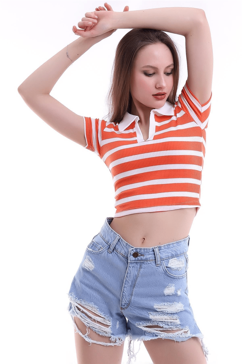 Kadın Mavi Yüksek Bel Lazer Kesimli Paçası Dikişsiz Denim Şort Zyn-58180 - MAVİ · 3