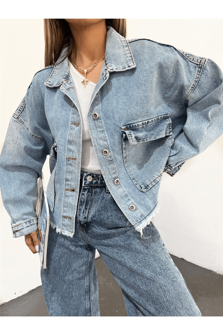 Kadın Oversize Gizli Büzgülü Denim Ceket Zyn-58391 - MAVİ · 5