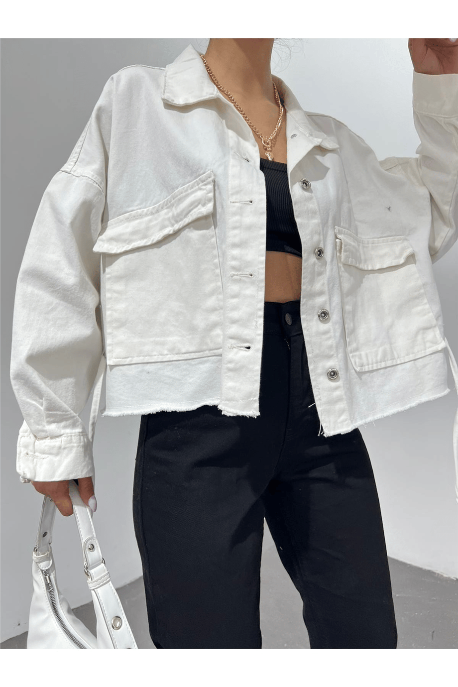 Kadın Oversize Gizli Büzgülü Denim Ceket Zyn-58391 - BEYAZ · 8
