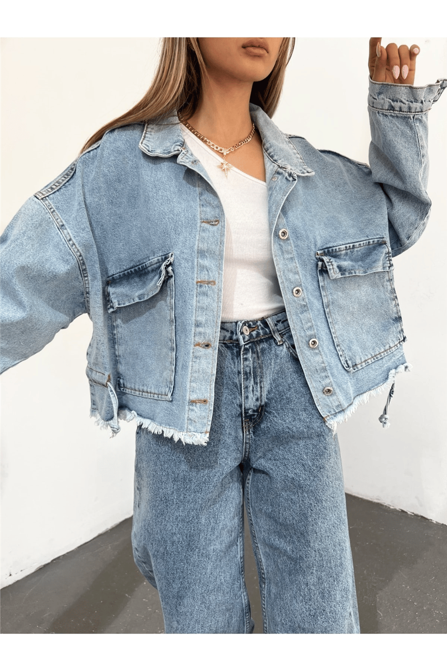 Kadın Oversize Gizli Büzgülü Denim Ceket Zyn-58391 - MAVİ · 8