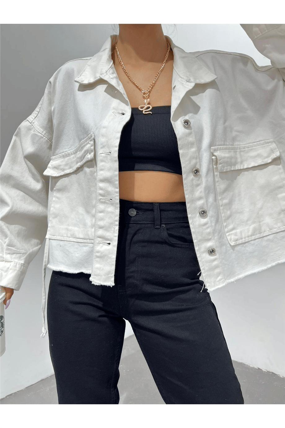 Kadın Oversize Gizli Büzgülü Denim Ceket Zyn-58391 - BEYAZ · 5