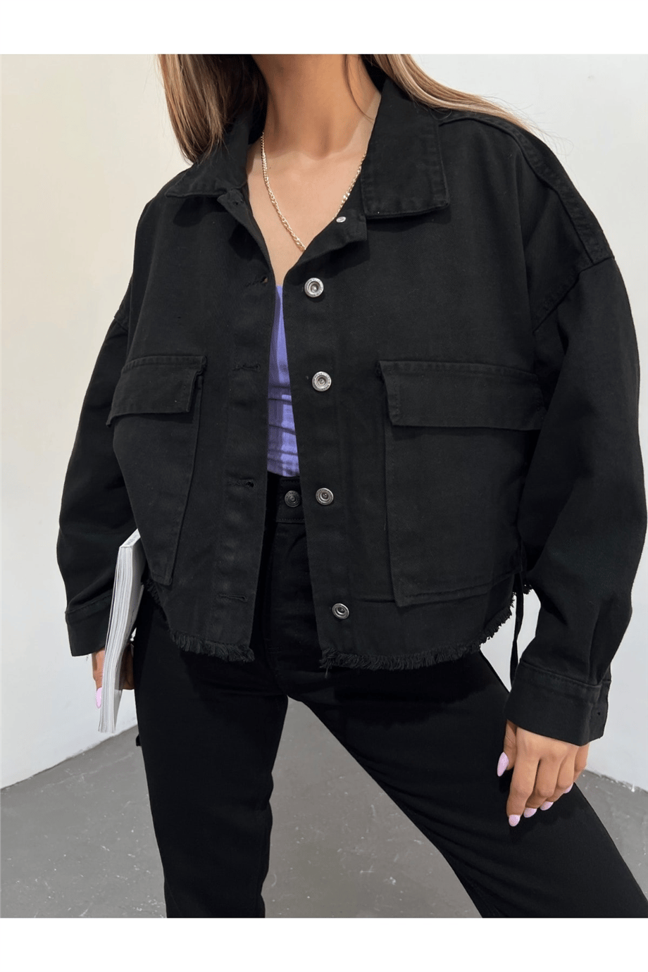 Kadın Oversize Gizli Büzgülü Denim Ceket Zyn-58391 - Siyah · 5