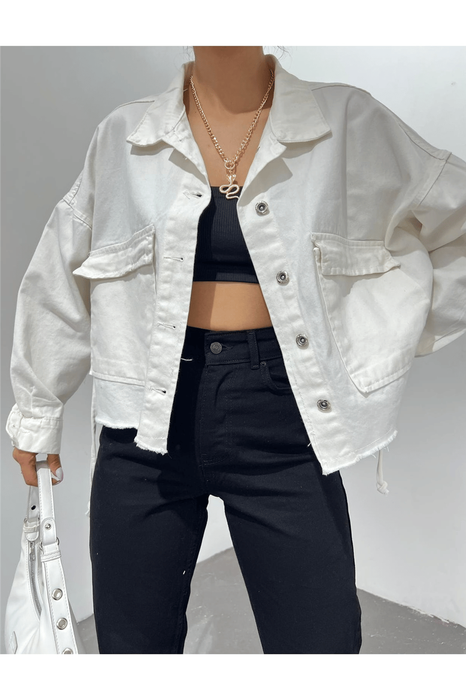 Kadın Oversize Gizli Büzgülü Denim Ceket Zyn-58391 - BEYAZ · 3