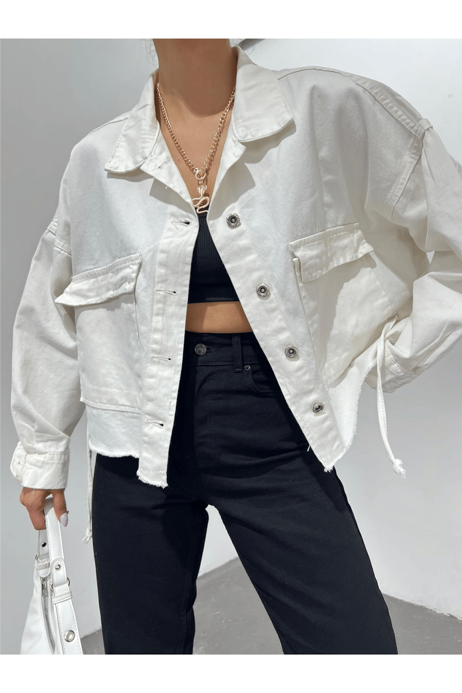 Kadın Oversize Gizli Büzgülü Denim Ceket Zyn-58391 - BEYAZ · 2