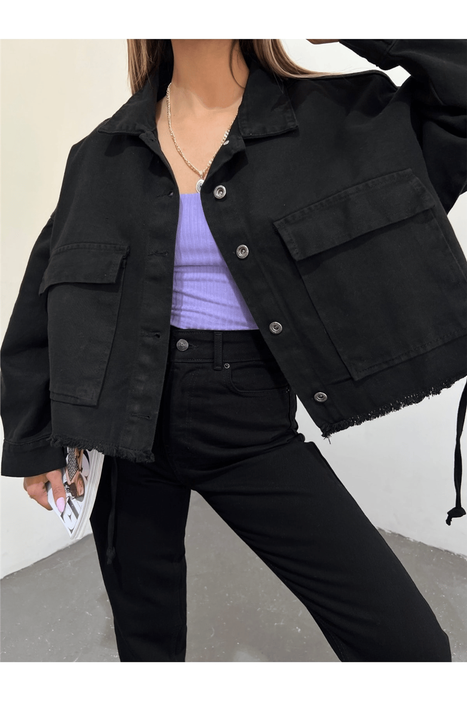 Kadın Oversize Gizli Büzgülü Denim Ceket Zyn-58391 - Siyah · 8