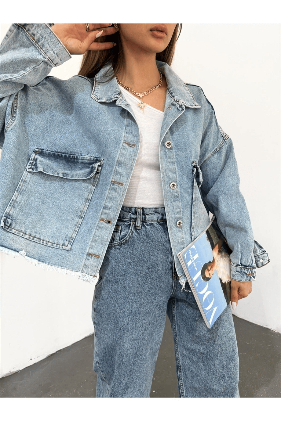 Kadın Oversize Gizli Büzgülü Denim Ceket Zyn-58391 - MAVİ · 2