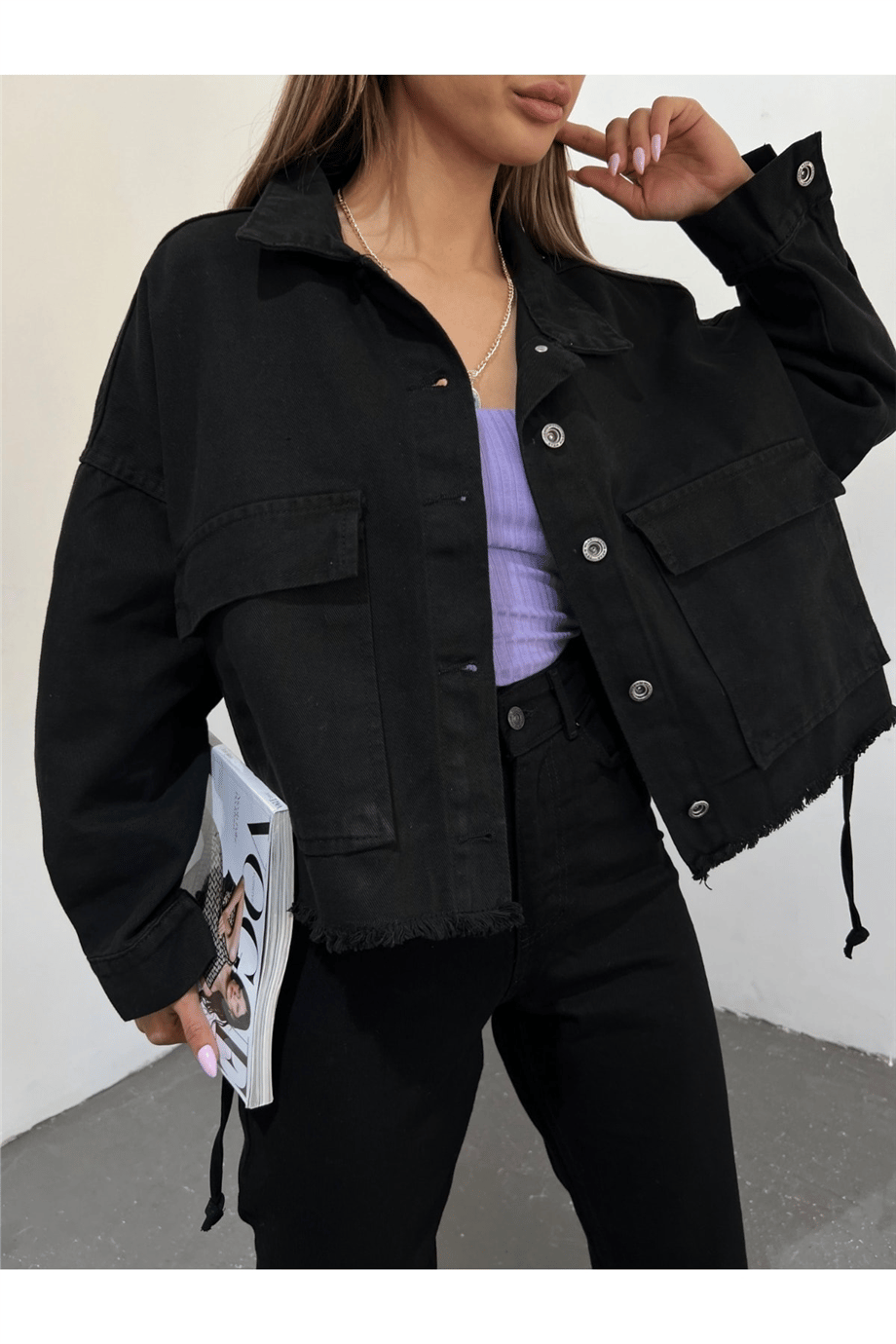 Kadın Oversize Gizli Büzgülü Denim Ceket Zyn-58391 - Siyah · 6