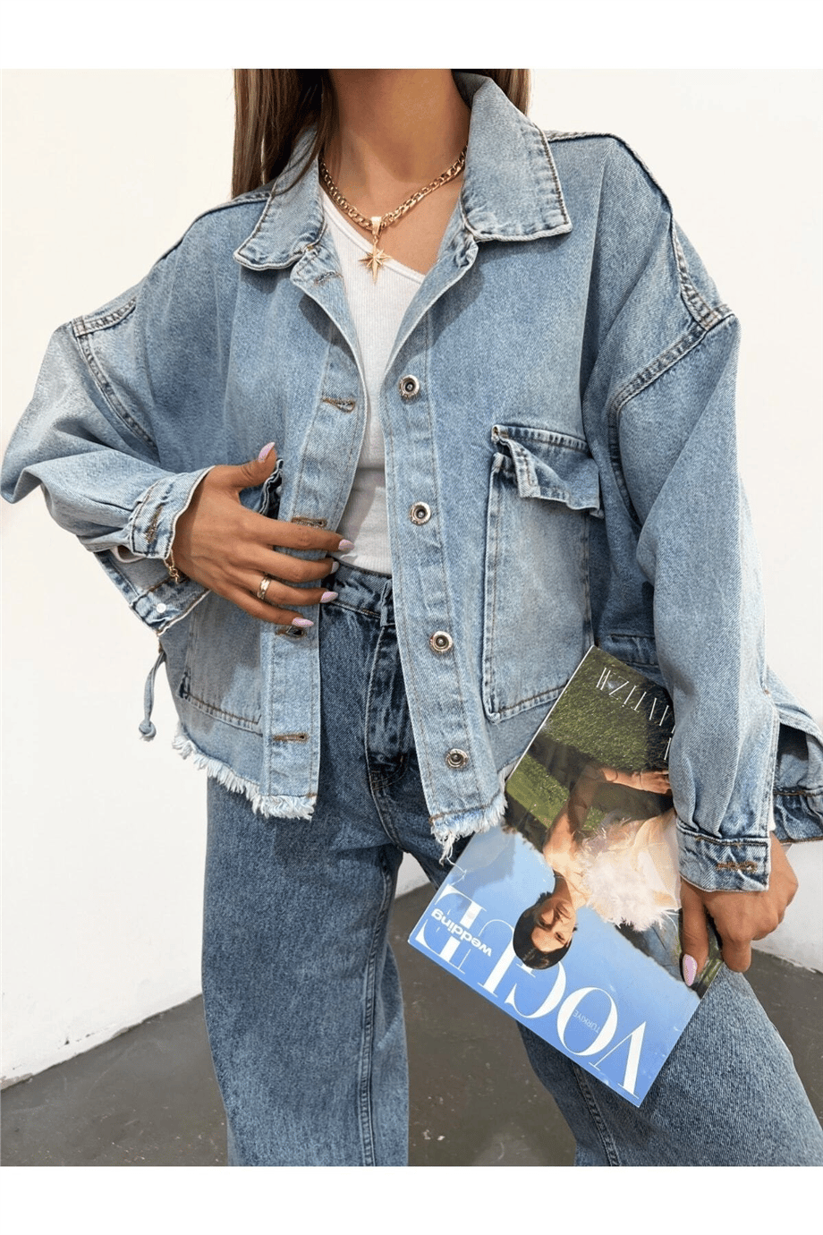 Kadın Oversize Gizli Büzgülü Denim Ceket Zyn-58391 - MAVİ · 4