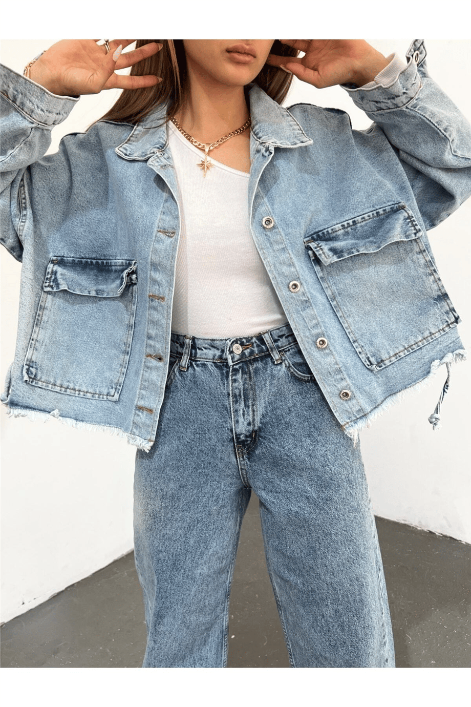 Kadın Oversize Gizli Büzgülü Denim Ceket Zyn-58391 - MAVİ · 7