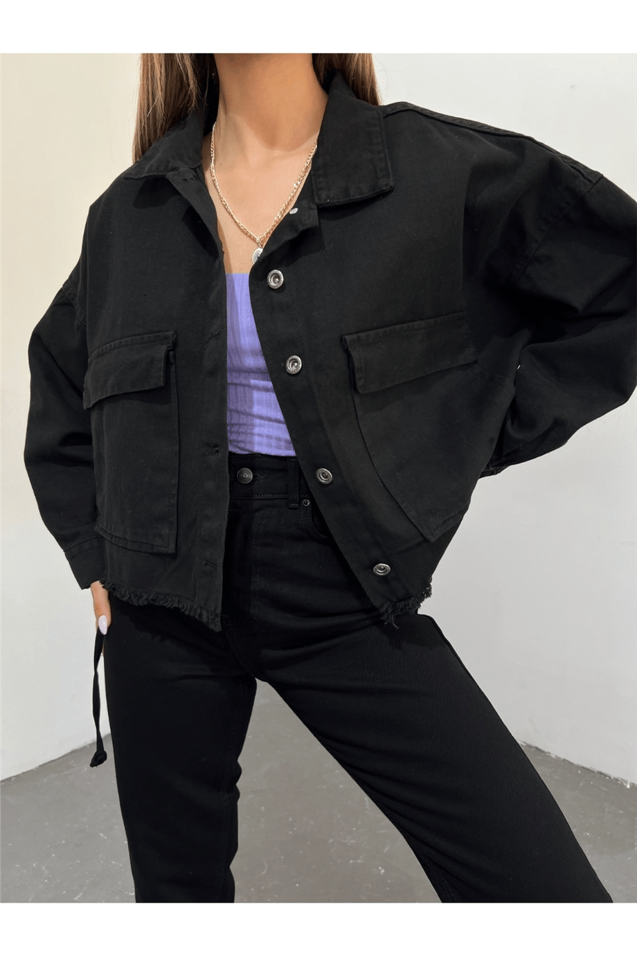 Kadın Oversize Gizli Büzgülü Denim Ceket Zyn-58391 - Siyah · 2
