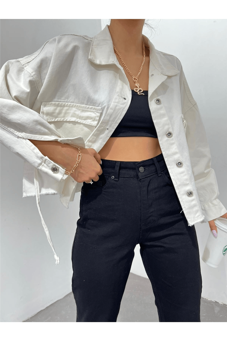 Kadın Oversize Gizli Büzgülü Denim Ceket Zyn-58391 - BEYAZ · 4