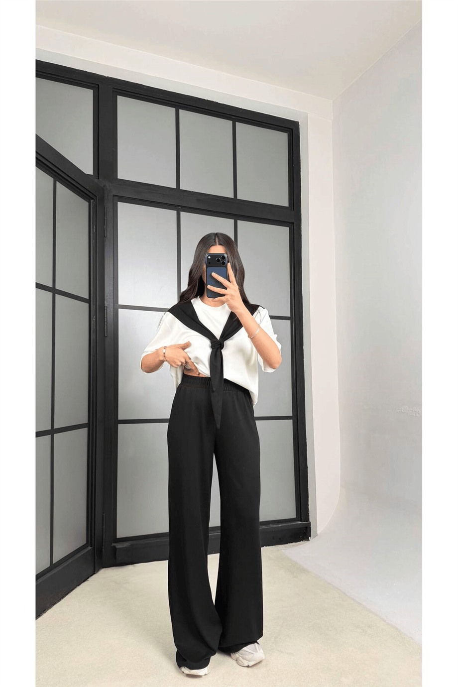 Kadın Şal Detaylı Bluz & Bol Paça Pantolon İkili Takım ZYN-58917 - Si̇yah 2
